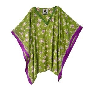 Carla Christoph Houston Green Floral Kaftan One Size Pit To Pit 21” Embroidered